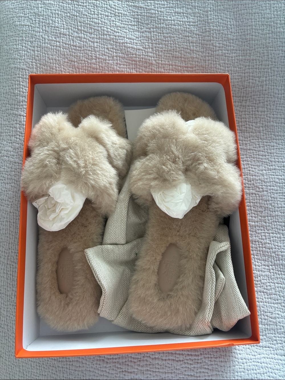 Hermes Beige Shearling Slide Sandals